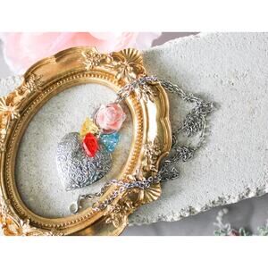 Handmade Silver Heart Locket Necklace Pink Resin Rose Multicolor Glass Dangles